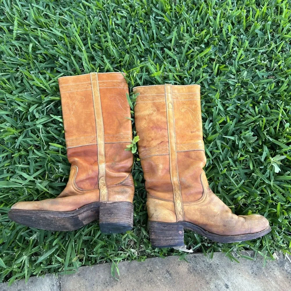 VTG 70s Frye Campus Longhorn 9.5D Black Label Saddle Brown Western Boots As Is